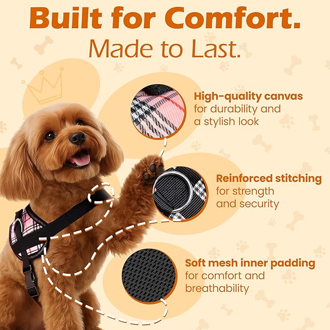 Bark Appeal Pink Plaid No-Pull Dog Harness for XS to Small Sized Pets – Adjustable, Reflective Vest with 3 Leash Clips for Added Control, Easy Walks & Training – Small