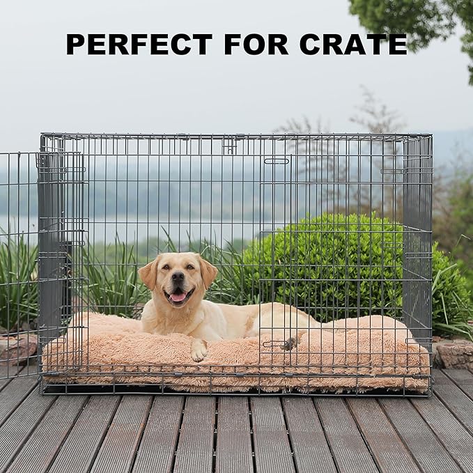 Bedfolks XXL Dogs Crate Bed, Plush Washable Faux Fur Pad, Waterproof, 47"x29", Solid Camel