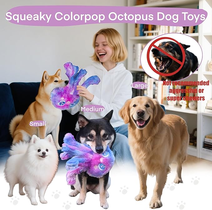 Clairooo Squeaky Dog Toys, Colorful Crinkle Octopus, Plush Dog Toys for Chewing, Interactive, Soft Fabric for Small, Medium & Large Dogs, Daily Companionship, Training Reward, (Yellow)