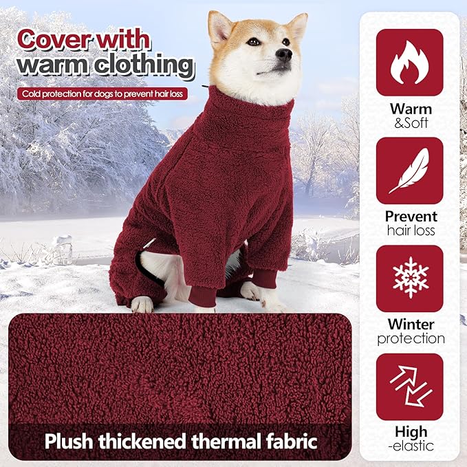 Dog Winter Coat, Warm Fleece Dog Jacket, Windproof Pullover Jumpsuit, Full Body Pajamas Onesie, Cold Weather Clothes for Medium Large Dog(3Xlarge,Red)