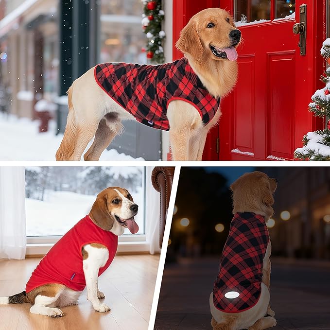 cyeollo 2 Pack Small Dog Sweater, Stretchy Doggy Sweatshirt Soft Fleece with Reflective Stripe Pullover Jacket Pet Puppy Clothes in Cold Weather Female Sweaters for Small Dogs, Red & Buffalo Plaid S
