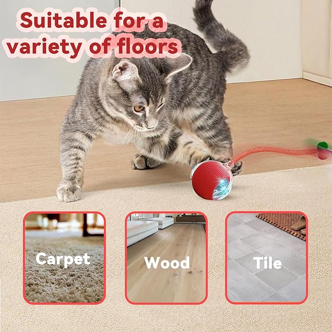 2 Packs Interactive Cat Toys for Indoor Cats, Automatic Cat Toy with Elastic Mesh Tail, Electric Rolling Ball on Carpet, Chirping and Motion Activate Cat