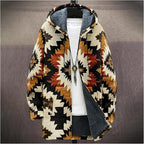 Mens Aztec Print Hoodie Heavyweight Cotton Fleece Jacket Zip Up Warm Long Sleeve Hooded Winter Midi Coat