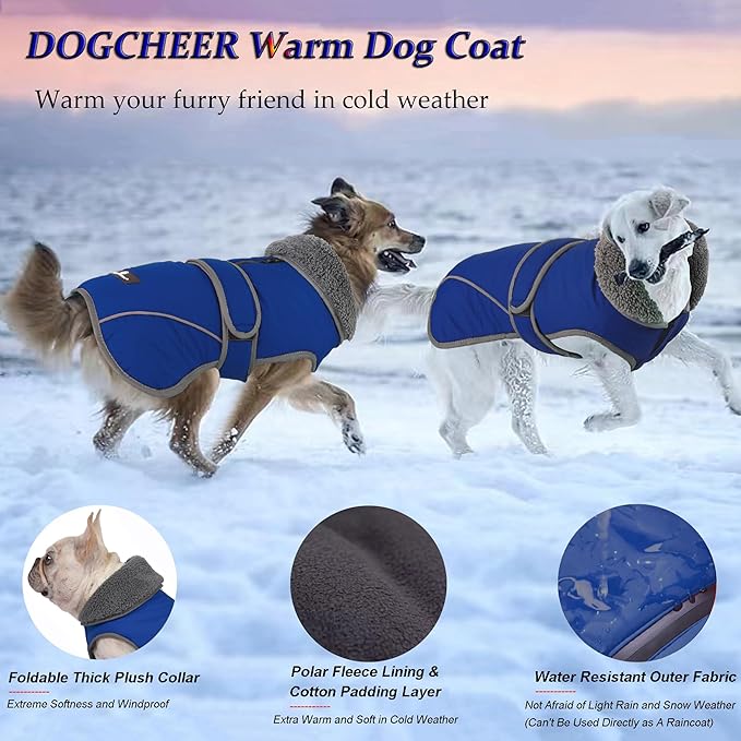 Dogcheer Dog Coat, Waterproof Dog Jacket Reflective Pet Winter Coat with Adjustable Hook & Loop, Christmas Puppy Fleece Jacket Warm Turtleneck Snowsuit for Small Medium Large Dogs - Blue, L