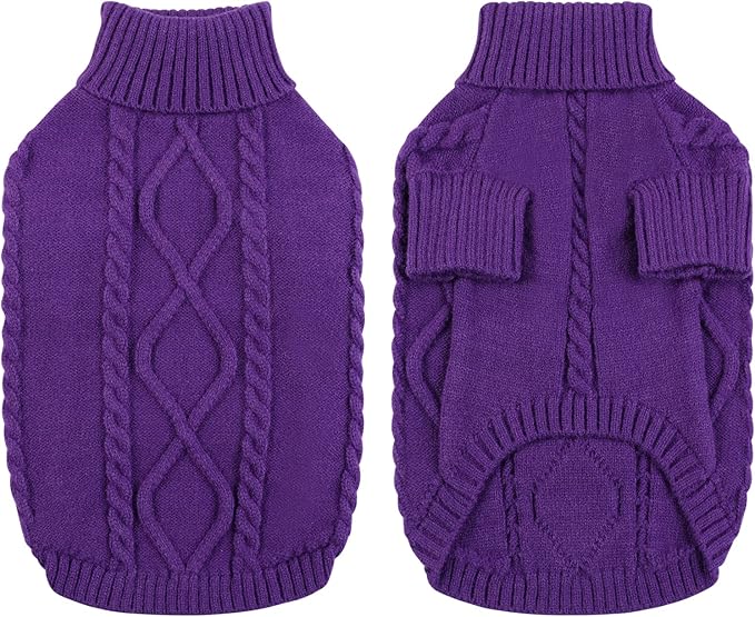 Queenmore Small Dog Pullover Sweater, Cold Weather Cable Knitwear, Classic Turtleneck Thick Warm Clothes for Chihuahua, Bulldog, Dachshund, Pug (Purple, Large)