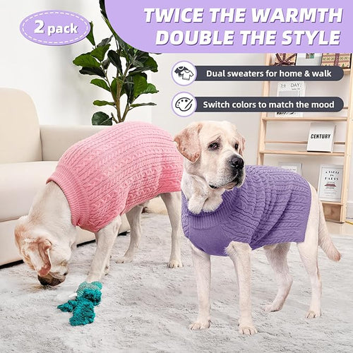 2 Pack Dog Sweaters for Big Dogs Turtleneck Pullover Cable Knit Large Size Stretch Clothes Pitbull Labrador Bulldog Doberman Boy Girl Pets Winter Clothes (XL, Pink & Purple)