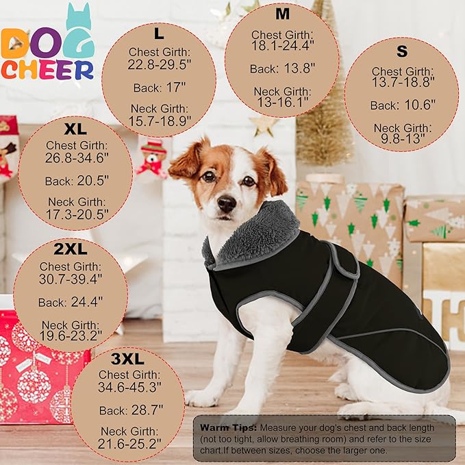Dogcheer Dog Coat, Waterproof Dog Jacket Reflective Pet Winter Coat with Adjustable Hook & Loop, Christmas Puppy Fleece Jacket Warm Turtleneck Snowsuit for Small Medium Large Dogs - Black, M