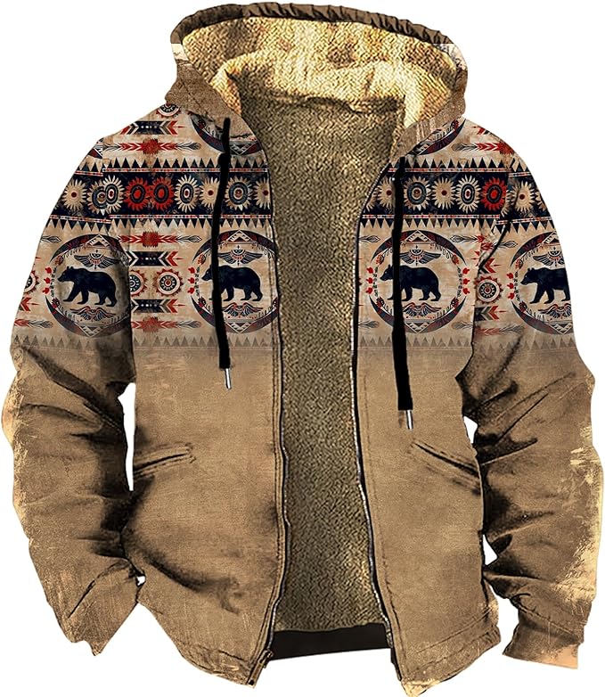 Men's Western Aztec Jackets Hooded Cowboy Hoodie Warm Full Zip Ethnic Vintage Long Sleeve Coat Fall Winter Tops