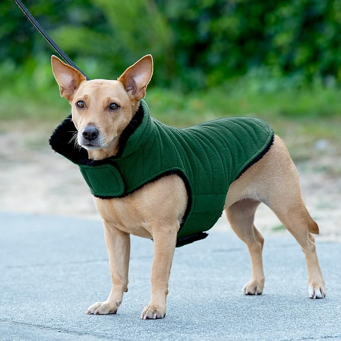 Furhaven Reversible Small Dog Coat, Washable & Insulating w/ Leash Access - Faux Fur & Quilted Fleece Flex-Fit Jacket - Black/Green, Small