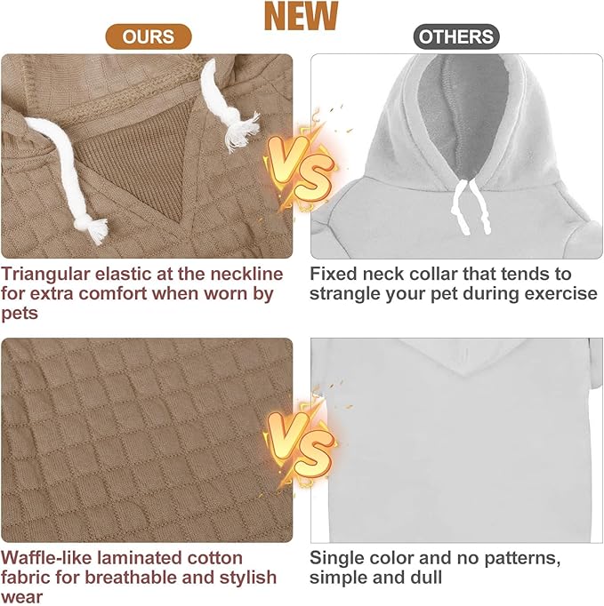 BEAUTYZOO Small Dog Hoodie Sweater with Pockets, Dog Clothes for Small Medium Dogs Boy Girl, Waffle-Like Laminated Cotton Pet Coats with Hat and Leash Hole, Khaki XL