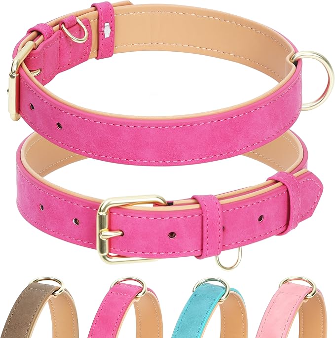 Leather Dog Collar for Small Medium Large Dogs, Soft Padded Dog Leather Collar with Heavy Duty Gold Buckle, Durable & Comfortable for Large Dogs Daily Walking (Hot Pink, L)