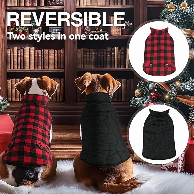 VIVAGLORY Softjoy Dog Coat, Dog Jacket for Winter & Christmas, Coat with Harness Hole & Velcro Closure, Reversible Plaid Checkered Warm Fluffy Heavy Duty for Puppy, L, Red Black