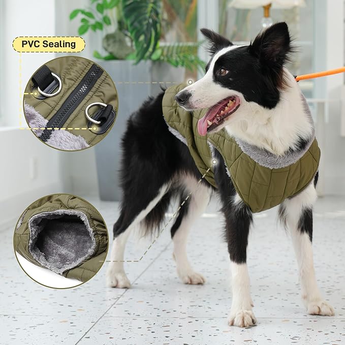 Warm Fleece Dog Coats with Durable Harness Buitl in D-Ring,Waterproof Puppy Jacket for Small Dogs,Dog Vest for Cold Winter,Green S