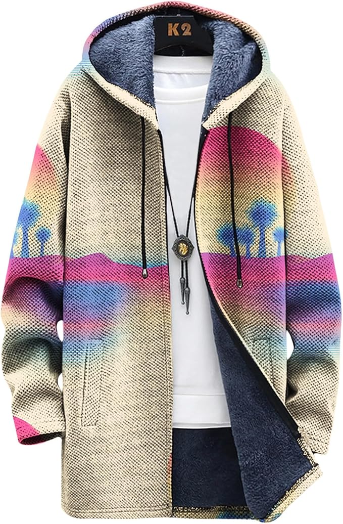 LIZALIG Long Hooded Cardigan Men Japanese Art Style Fashion Cool Graphic Coats Winter Warm Lined Fleece Jacket