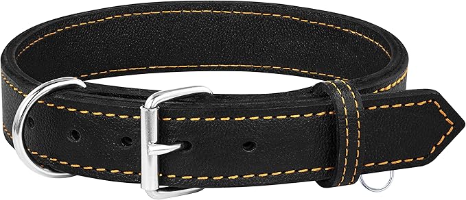 Riparo Dog Collar - Genuine Leather Dog Collars - Heavy Duty Dog Collars for Medium Large and Extra Large Dog Breeds (M: 1” Wide for 14” - 18” Neck, Black/Orange Thread)