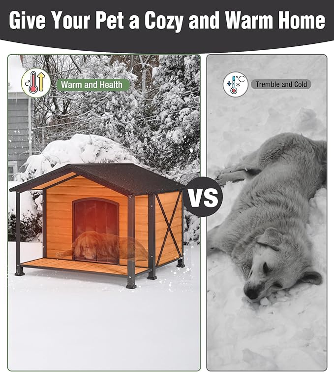 Extra Large Insulated Dog House Outdoor, Weatherproof Wooden Dog House with Porch for Winter with 6 Sides All-Round Foam with Strong Metal Chew Proof Frame