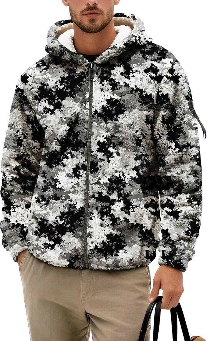 Men's Camouflage Hunting Fleece Lined Hoodie Camo Jackets Zip Up Long Sleeve Casual Winter Coats Hood Outerwear