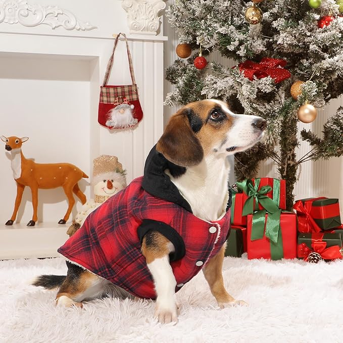 Fleece Lining Dog Hoodie for Large Dogs Extra Warm Plaid Sweater with Drawstring Hooded Coats in Winter Doggie Jacket,Red XXL