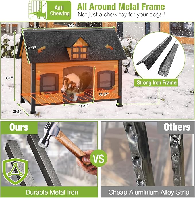 GUTINNEEN Outdoor Heated Dog House with Anti-Bite Metal Frame Insulated Winter Dog Kennel Waterproof with Heater and Insulated Liner for Small to Medium Dogs