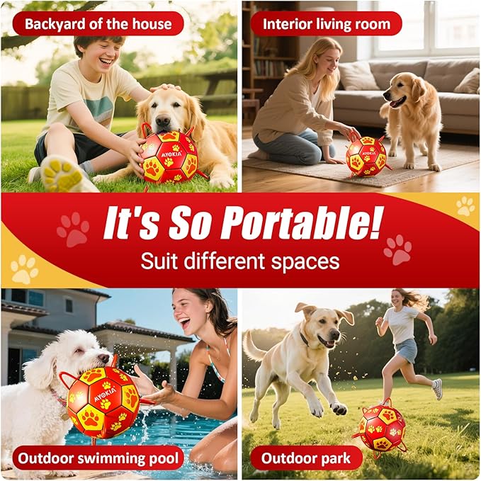 Size 2 Dog Soccer Ball with Straps Durable Training Ball for Pets Interactive Outdoor Dog Toy, Red & Yellow, Paw Prints Design, for Small to Medium Puppies, Pet Supplies