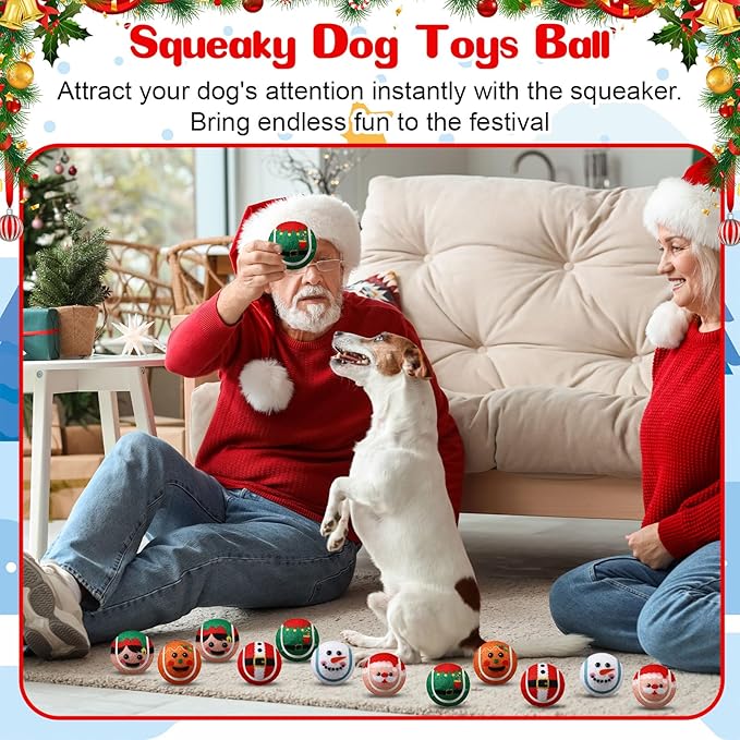 Civaner 18 Pcs Christmas Squeaky Tennis Balls for Dogs 2.5 Inch Bulk Dog Toys Ball for Small Medium Large Dogs Puppy Chew Teething Toy Interactive Training Xmas Gifts Stocking Stuffers (Santa)