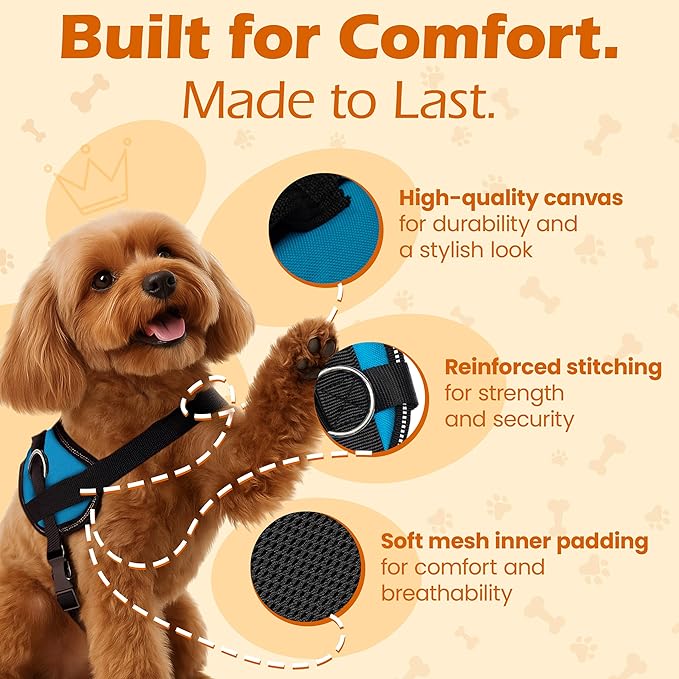 Bark Appeal Aqua Blue No-Pull Dog Harness for Extra Small Sized Pets – Adjustable, Reflective Vest with 3 Leash Clips for Added Control, Easy Walks & Training – XS