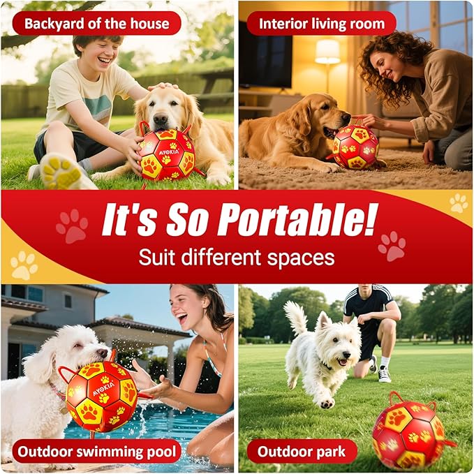 Size 3 Interactive Dog Soccer Ball with Strap, Red & Yellow, Eye-Catching Paw Prints Design, Ideal Outdoor Training Pet Toy, Perfect Choice for Medium & Large Dogs' Playtime