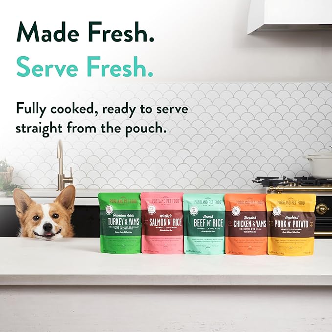 Portland Pet Food Company Fresh Dog Food Pouches - Human-Grade Topper Mix-Ins & Wet Pet Meals - Small & Large Breed Puppy & Senior Dogs - Gluten-Free Meal Toppers, Made in The USA - 5 Pack Variety