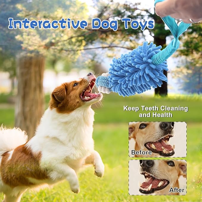Puppy Toys Squeak Plush With Ropes Knots for Fun and Teeth Cleaning, Tug of War, Chew Toys for Training Small, Large Dogs (Blue, Dog Bite Ball Toy)