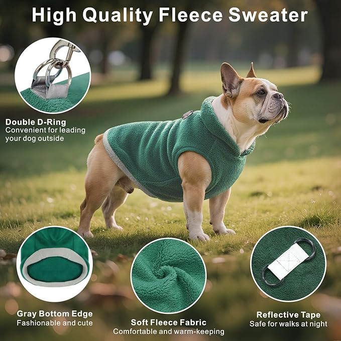 Idepet 2 Pack Dog Fleece Vest Sweater Warm Pullover Jacket with D-Ring Leash Reflective Winter Coat Hoodie for French Bulldog Pug Chihuahuas Yorkies Dachshunds(Dark Green&Grass Green,Small)