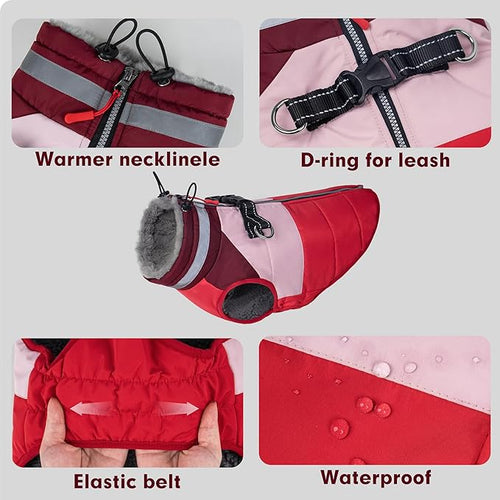 azuza Dog Jacket for Small Dogs Waterproof Dog Coat with Reflective Strips and Harness Built in Warm Fleece Dogs Winter Coat Windproof with Back Zipper, Red L