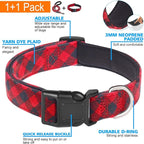 Reflective Dog Collar Padded with Soft Neoprene Breathable Adjustable Nylon Dog Collars for Small Medium Large Dogs (Small (Pack of 1), Red Plaid Collar+Leash)