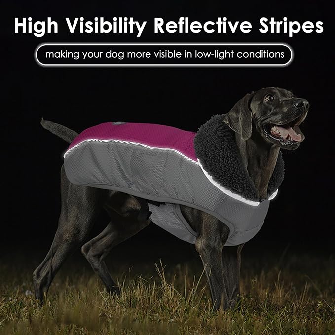 Dog Coat, Waterproof Ripstop Dog Winter Jacket with Leash Hole, Reflective Adjustable Warm Pet Fleece Snow Sweater for Small Medium Large Dogs - Rosy Red, M