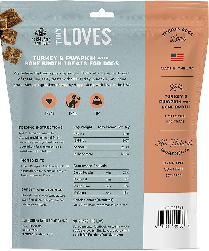 Farmland Traditions Tiny Loves Jerky Trainer Treats for Dogs w/Bone Broth (Turkey & Pumpkin, 16 oz.) (Pack of 2)
