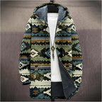 Mens Aztec Print Hoodie Heavyweight Cotton Fleece Jacket Zip Up Warm Long Sleeve Hooded Winter Midi Coat