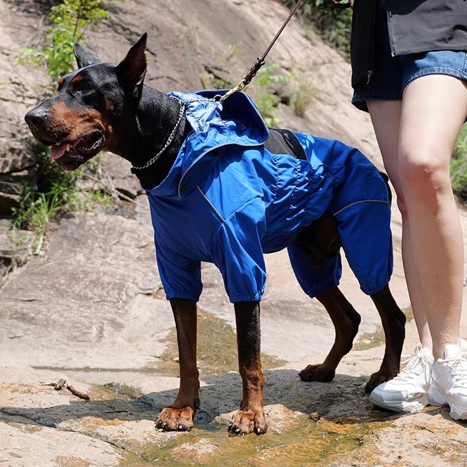 LOVELONGLONG Waterproof Dog Raincoat with Removable Hood – Outdoor Full Body Dog Jacket, Windproof Snowproof Shell Suit – All Season Pet Rain Gear Blue S+