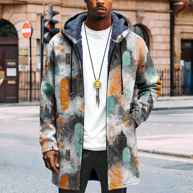 Mens Long Cardigan Hoodies Full Zip Fleece Lined Jackets Fashion Knitted Color Block Hooded Coat with Pockets