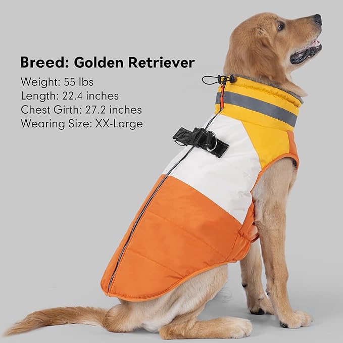 azuza Dog Coats for Large Dogs Waterproof Dog Coat with Reflective Strips and Harness Built in Warm Fleece Dogs Winter Coat Windproof with Back Zipper, Orange 3XL