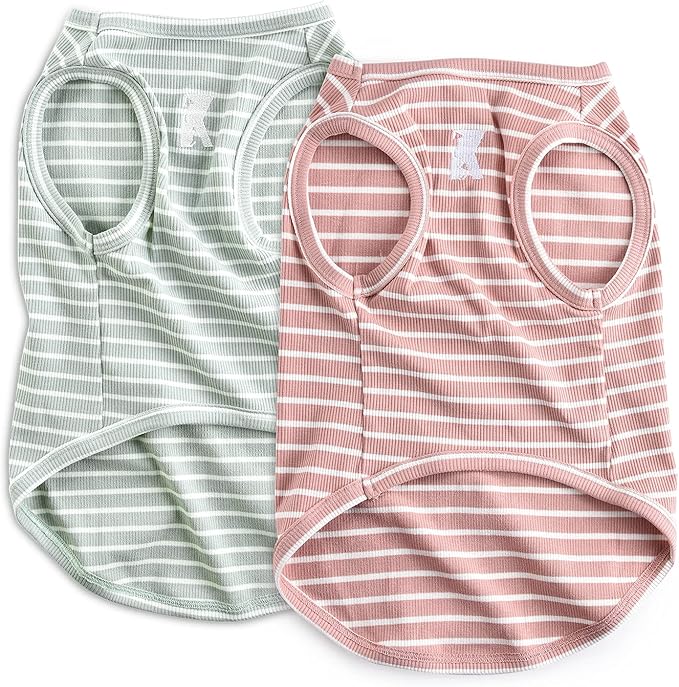 Koneseve Dog Shirt Vest Lightweight Stretchy Dog T-Shirts Soft Cool Sleeveless Stripe Vests Breathable Clothes for Puppy Kitty Cats Small Medium Large Dogs 2 Pack Pink + Green [ M/Medium ]