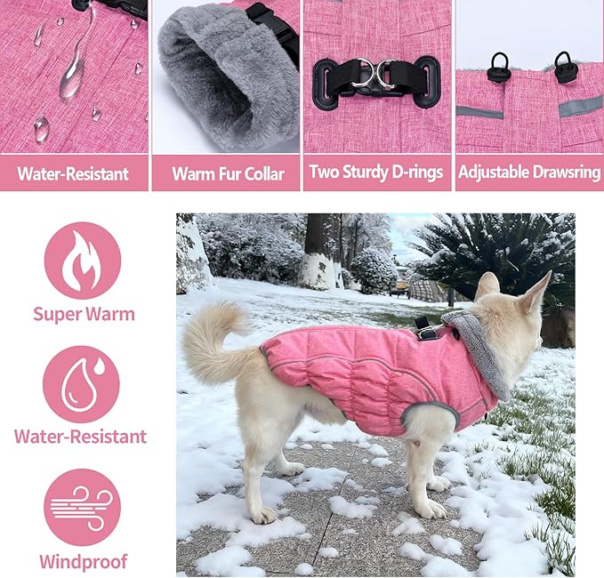 Malier Dog Coat, Reflective Dog Jacket Waterproof Windproof Puppy Cold Weather Coats with Harness Built in, Winter Extra Warm Pet Coat Fleece Vest for Small Large Pets and Puppy (Pink, Small)