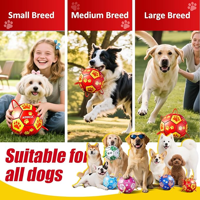 Size 2 Dog Soccer Ball with Straps Durable Training Ball for Pets Interactive Outdoor Dog Toy, Red & Yellow, Paw Prints Design, for Small to Medium Puppies, Pet Supplies