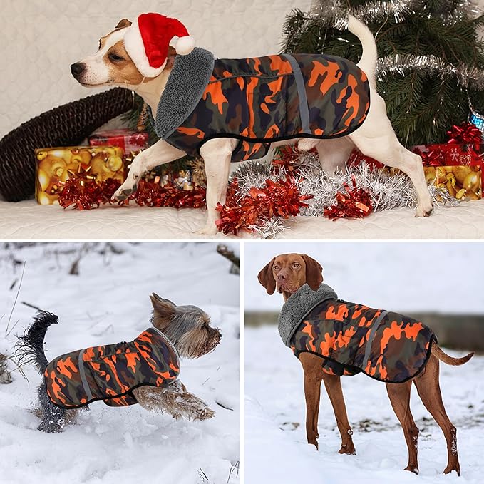 Dogcheer Warm Dog Coat, Waterproof Dog Jacket Christmas Puppy Winter Coat with Buckle, Reflective Adjustable Pet Snow Jacket Turtleneck Fleece Sweater for Small Medium Large Dogs - Orange Camo, XL