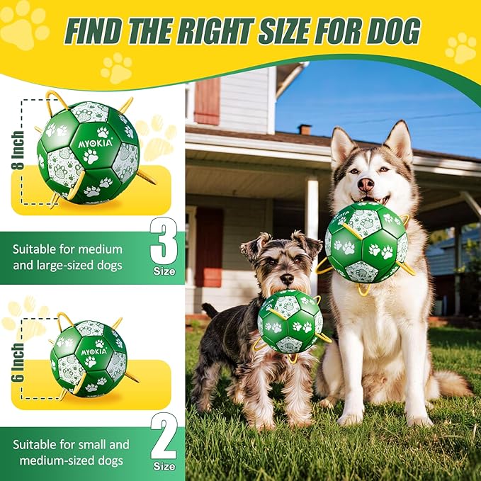 Size 2 Dog Soccer Ball with Straps Durable Training Ball for Pets Interactive Outdoor Dog Toy, Green & White, Paw Design, for Small & Medium Puppie