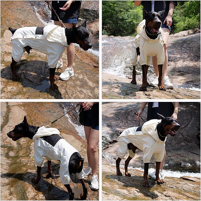 LOVELONGLONG Waterproof Dog Raincoat with Removable Hood – Outdoor Full Body Dog Jacket, Windproof Snowproof Shell Suit – All Season Pet Rain Gear Ivory XS
