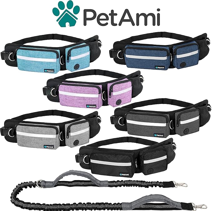 PetAmi Hands Free Dog Leash, Dog Running Leash Belt Bag for Walking, Jogging, Dog Waist Double Zipper Pouch with Poop Bag Dispenser, Dual Padded Handles Reflective Bungee Leash, Single (Black)