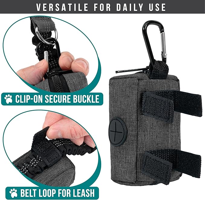 PetAmi Dog Poop Bag Holder for Leash Doggie Waste Bag Dispenser with Clip & Velcro Belt for Puppy Potty Walking Accessories Travel Camping Pet Supplies Zipper Pouch with Trash Bag Roll, Gray 1 Pack