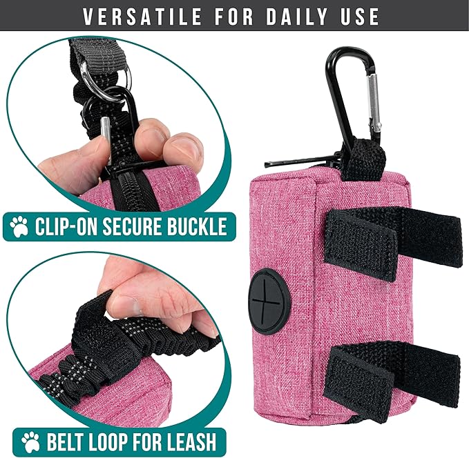 PetAmi Dog Poop Bag Holder for Leash Attachment, Doggie Zipper Pouch Soft Fabric Poop Bag Carrier, Dog Pet Waste Bag Dispenser with Carabiner Clip, 1 Roll of Dog Trash Bag (Pink, 1 Pack)
