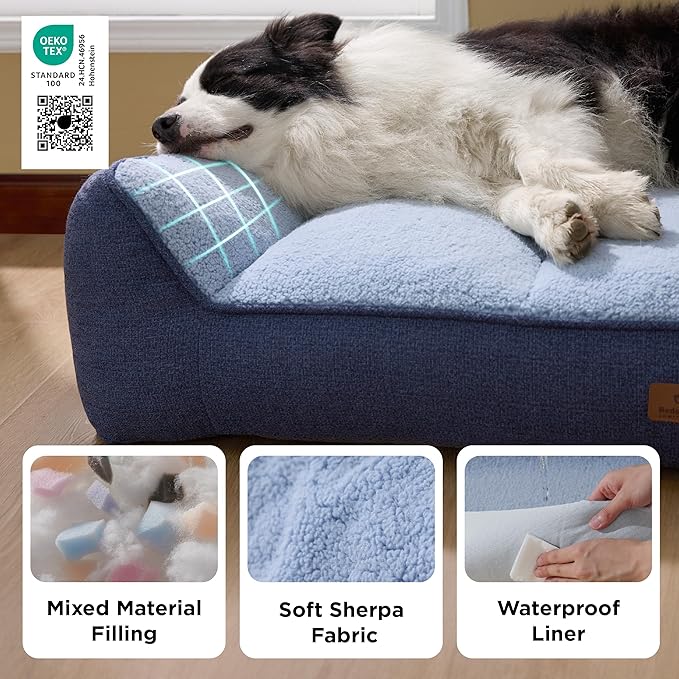 Bedsure Orthopedic Dog Beds Large Medium Sized Dog - Extra Thick Supportive Medium Dogs Bed with Waterproof Washable Cover, Comfort Pet Bed Sofa with Soft Plush Sherpa and Nonskid Bottom, Blue, 35"