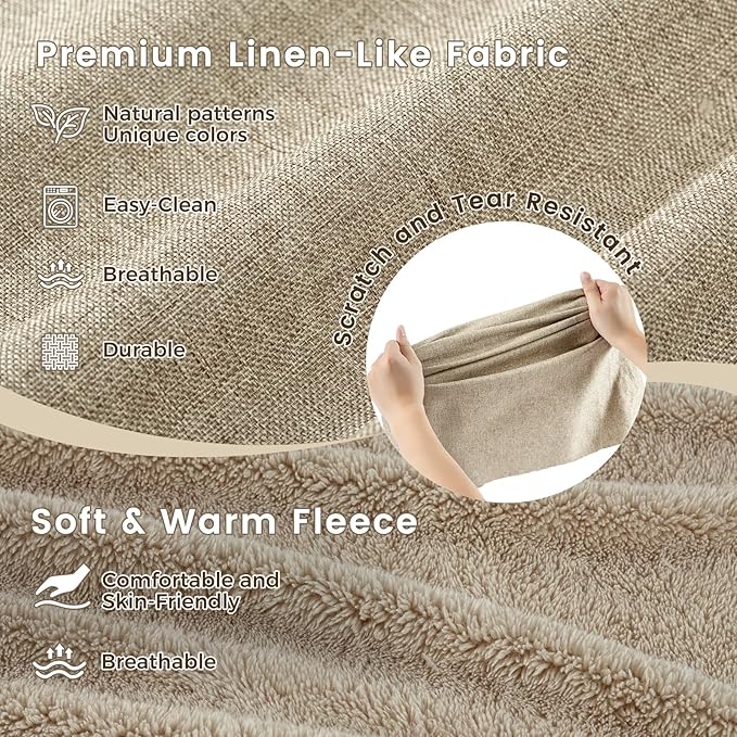 Miguel Faux Linen Dog Bed with Removable Cushion Pillow for Medium Small Dogs, Washable Pet Bed with Side Easy to Wash Puppy Bed, Rectangle Cat Bed for Indoor Cat with Anti-Slip Bottom, Beige 35 Inch