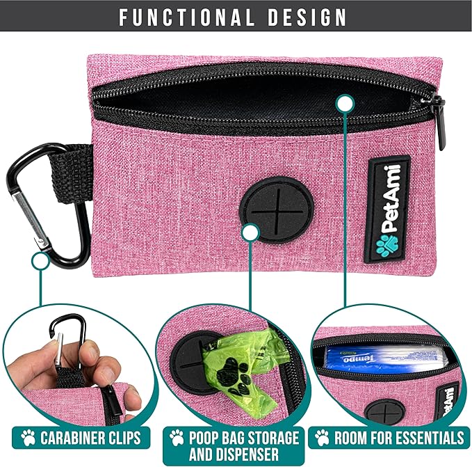 PetAmi Dog Poop Bag Holder for Leash, Dog Waste Bag Dispenser with Clip, Doggy Walking & Camping Accessories with Trash Bag Roll, Pink 1 Pack